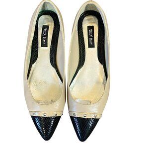 WHITE HOUSE BLACK MARKET Beige & Black Snake Silver-Stud Cap Toe Flats 8M #337G